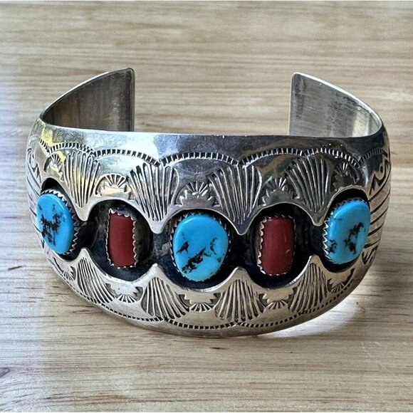 VTG Navajo Pauline Benally Size 6.25 Bracelet Turquoise Coral Sterling 52.2g - Picture 1 of 9